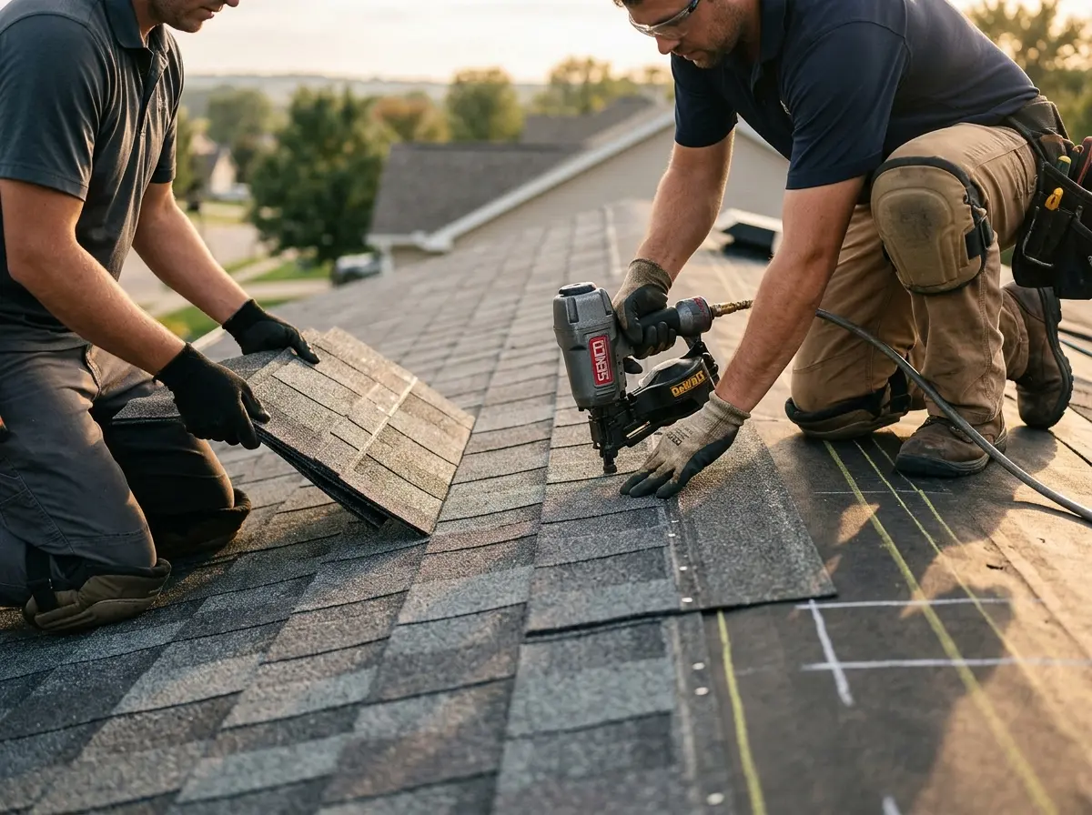 Professional roofer working on a residential roof in Barberton